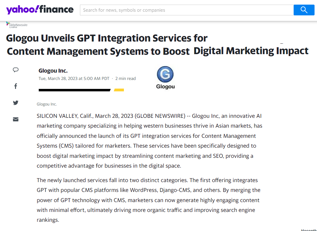 Glogou Unveils GPT Integration Services for Content Management Systems to Boost Digital Marketing Impact